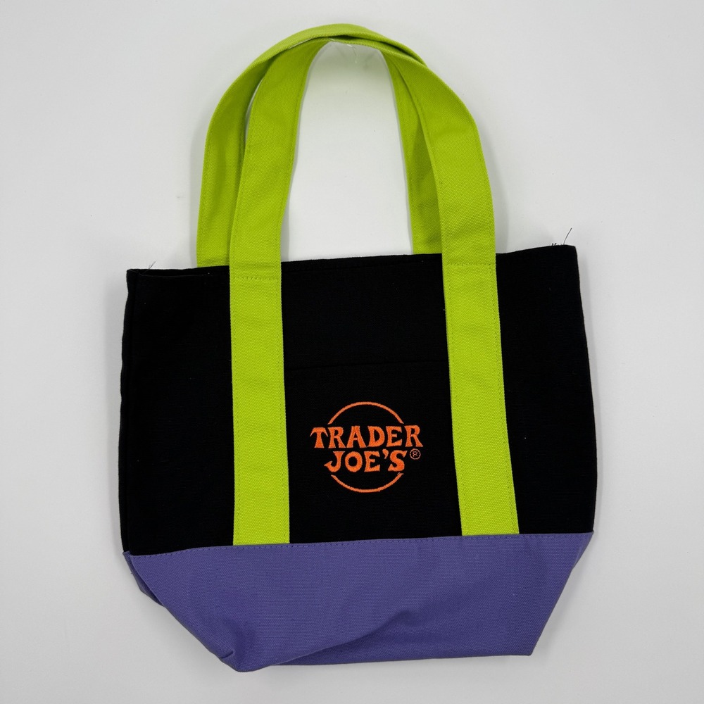 Trader Joe's Reusable Mini Tote Bag‎ Black Purple Lime Green Logo